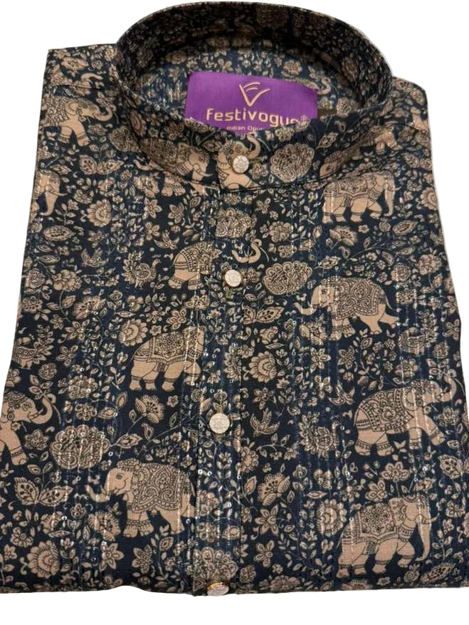 Regal Blue Elephant Print Kurta