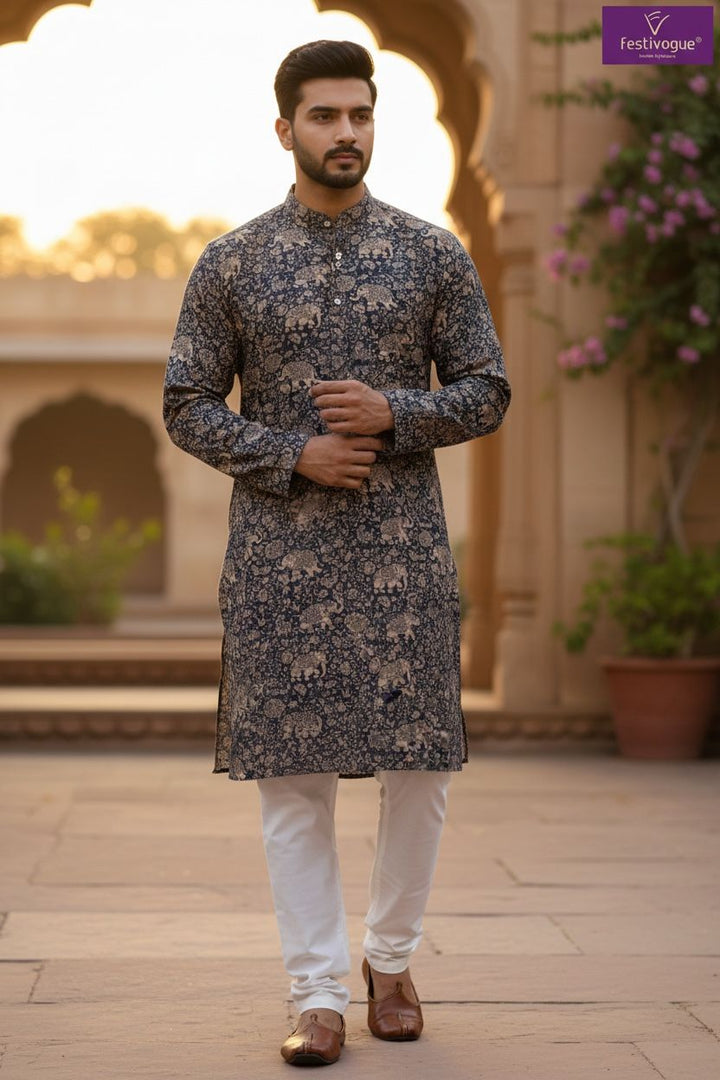 Regal Blue Elephant Print Kurta